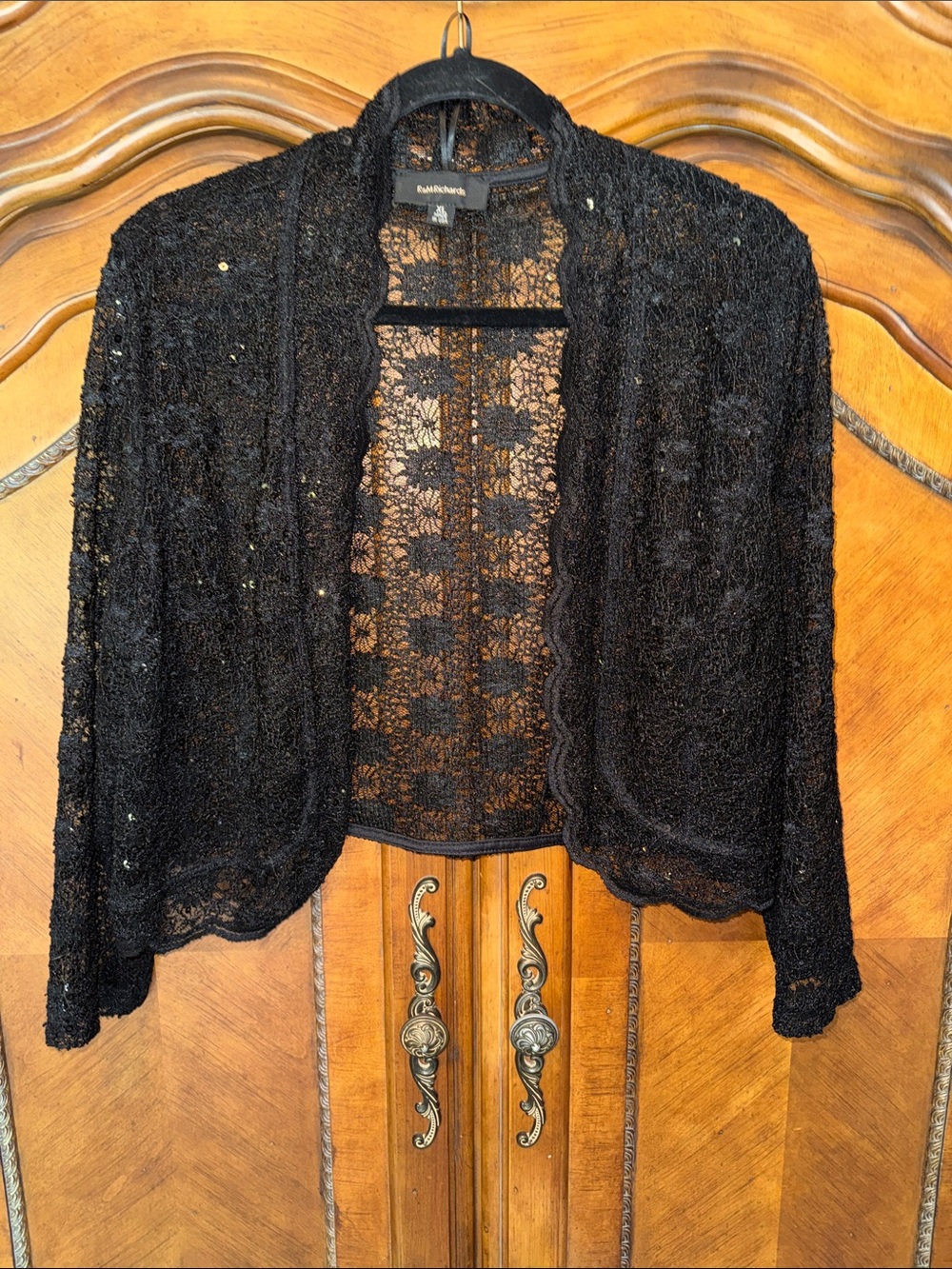 R & M Richards Black Lace Open-Front Blazer with Subtle Sparkle